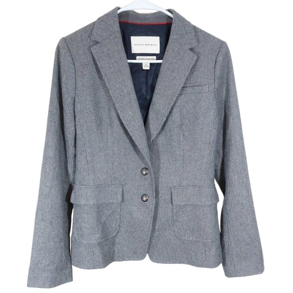 4/$25 BANANA REPUBLIC Size 4 Gray Micro Check Stretch Wool Blend 2 Button Blazer - Picture 1 of 5